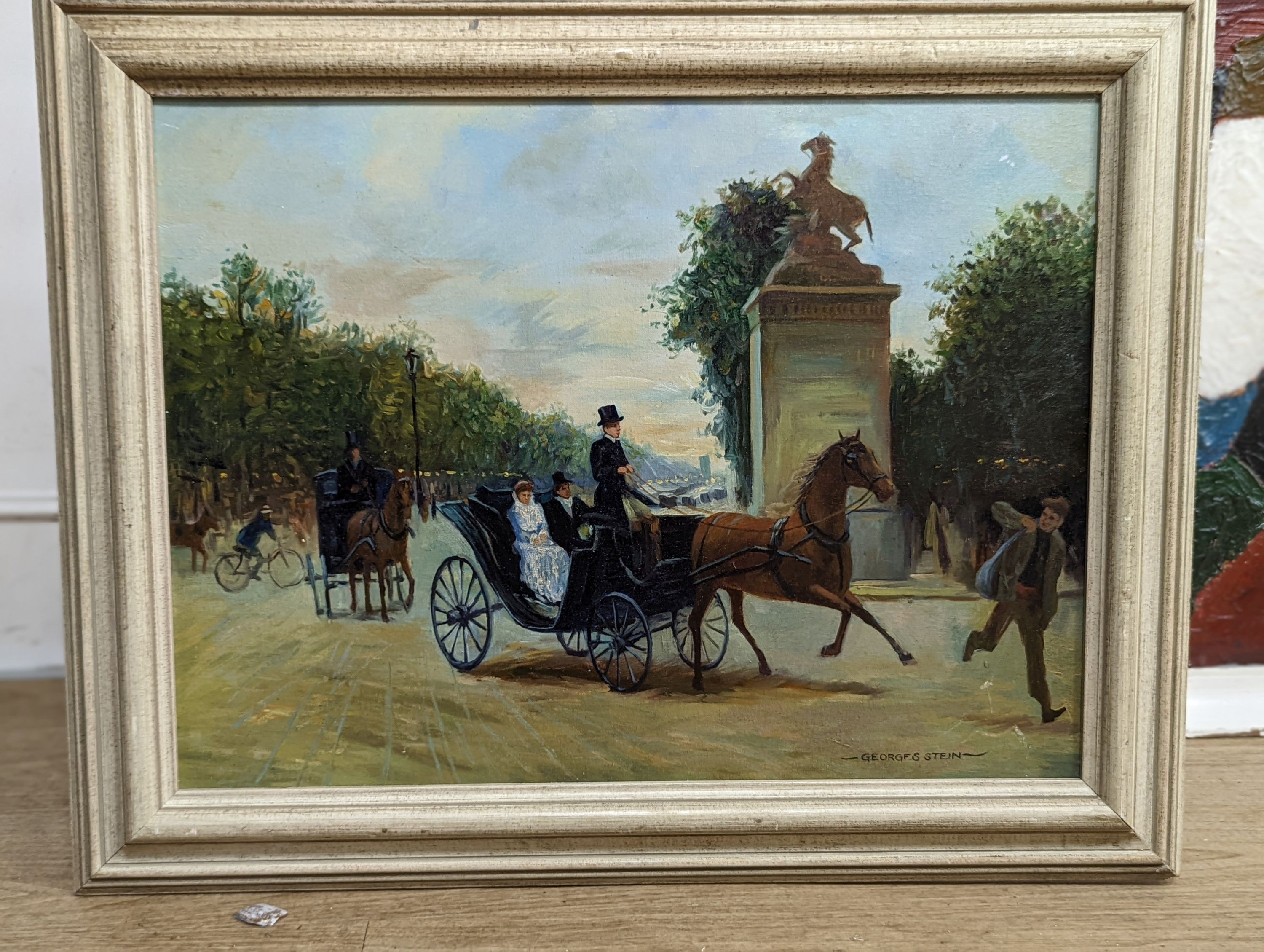 After Georges Stein, oil on board, Carriages in the park, bear signature, 45 x 60cm